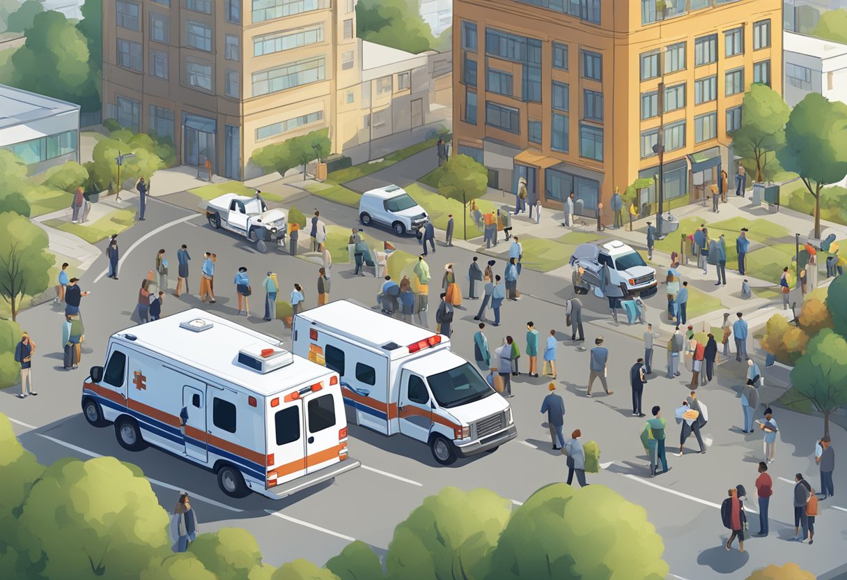 A protected area sign with an ambulance parked nearby, surrounded by people discussing strategic partnerships and hiring