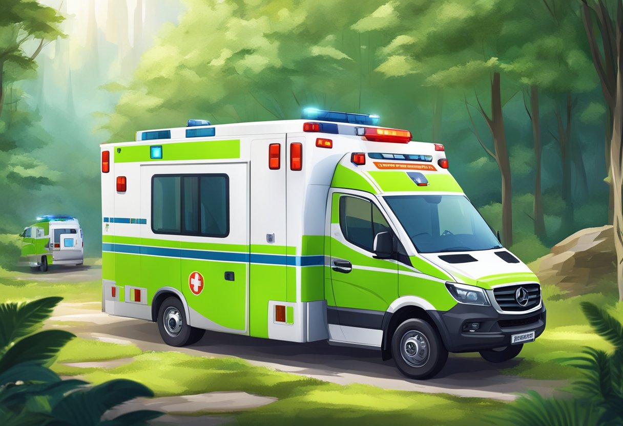 A modern ambulance parked in a protected area, surrounded by lush greenery and innovative service facilities