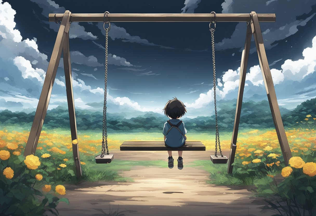 A child sitting alone on a swing in a desolate playground, with dark clouds looming overhead and wilted flowers in the background