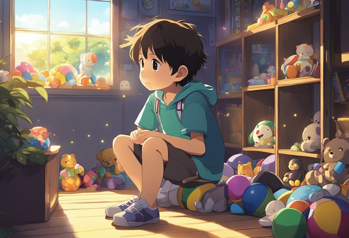 A child sitting alone in a dimly lit room, surrounded by toys but with a sad expression on their face. Outside, the sun is shining brightly, but the child seems lost in their thoughts