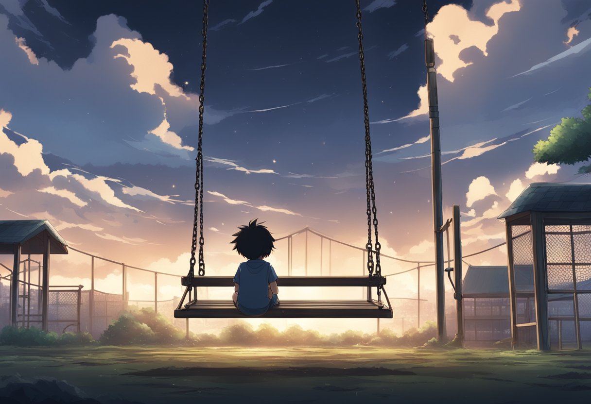 A child sitting alone on a swing in a desolate playground, with their head hung low and shoulders slumped, as dark clouds loom overhead