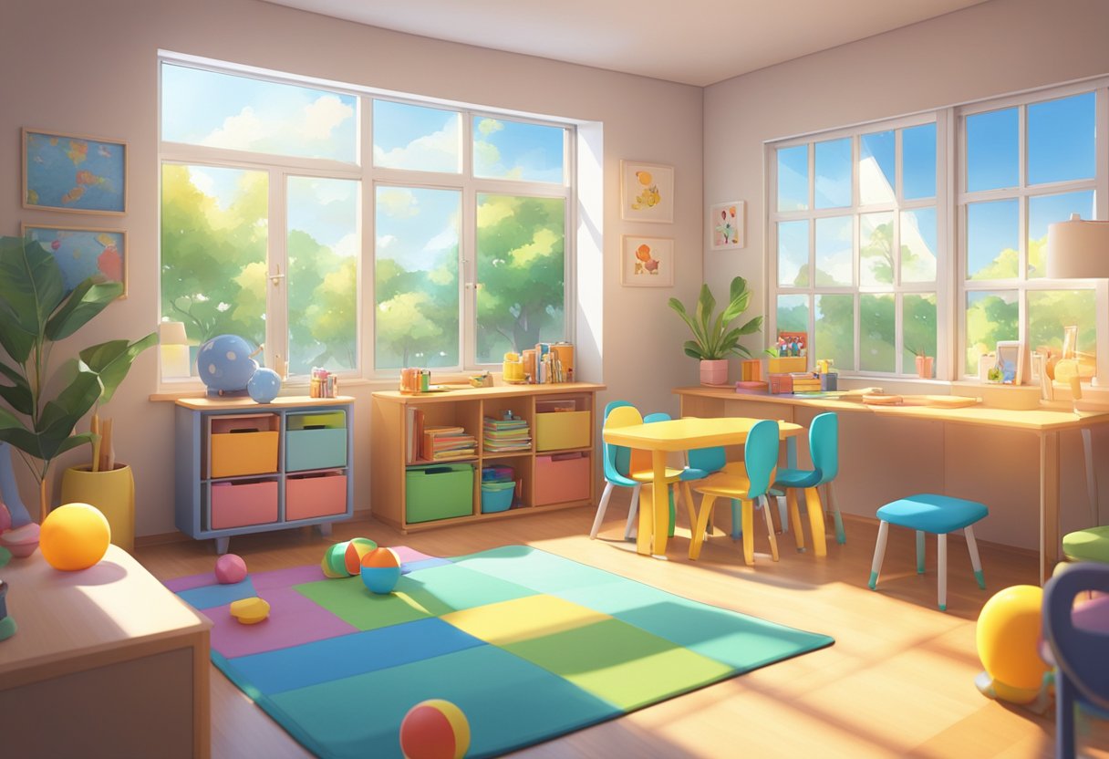 A cozy children's therapy room with colorful toys and comfortable seating. Sunlight streams in through the window, creating a warm and welcoming atmosphere for young patients