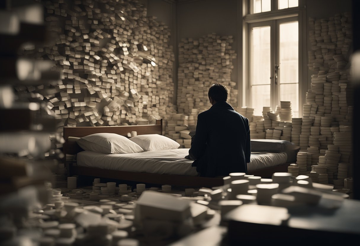 A dimly lit room with a solitary figure sitting on a bed, surrounded by scattered papers and empty pill bottles. The figure's posture exudes a sense of heaviness and despair