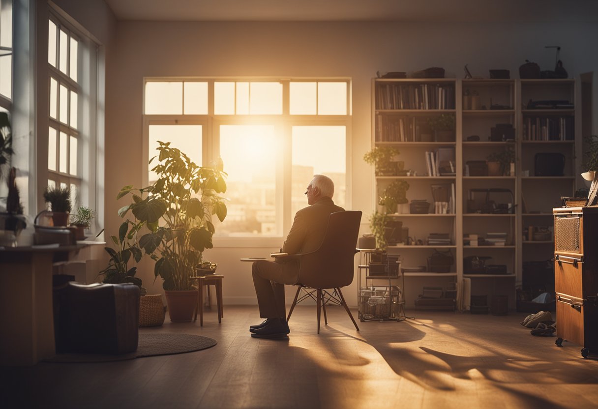 A middle-aged person sitting alone in a dimly lit room, surrounded by clutter and looking despondent. Outside, the sun is setting, casting long shadows