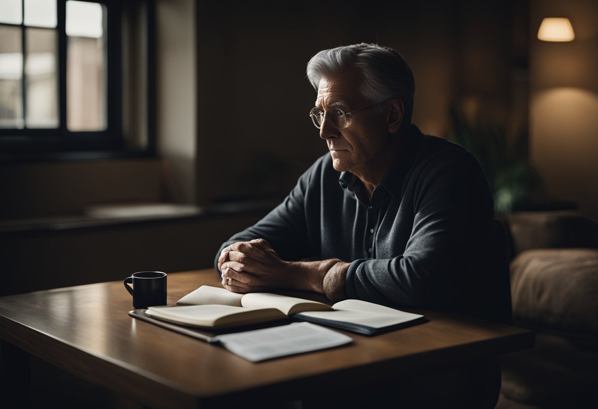 A middle-aged person sitting in a dimly lit room, looking out a window with a pensive expression. A bottle of pills and a therapy journal are on the table