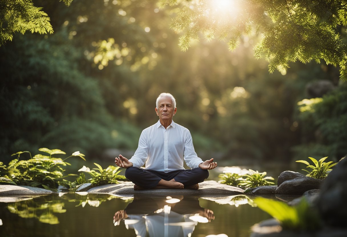 A serene middle-aged person meditates in a peaceful natural setting, surrounded by calming elements like plants, water, and sunlight