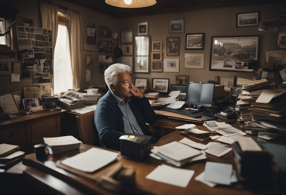 A middle-aged person sitting alone in a cluttered home office, surrounded by neglected family photos and work documents. The atmosphere is heavy and somber