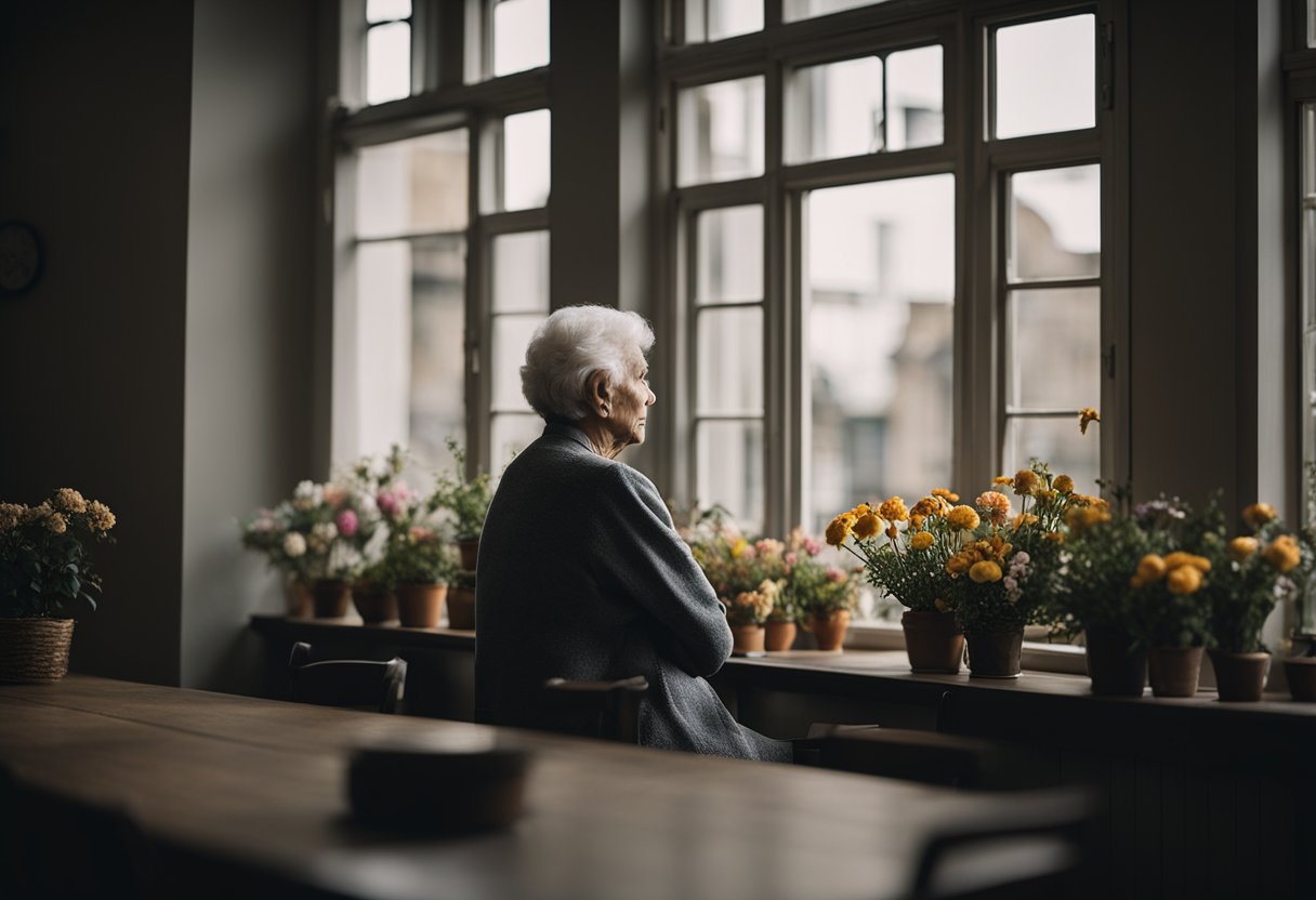 An elderly person sitting alone in a dimly lit room, looking out the window with a somber expression. The room is cluttered and disorganized, with wilted flowers on the table