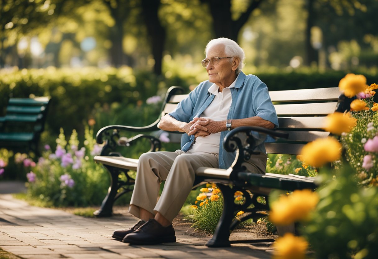 A serene, elderly person sitting alone on a park bench, surrounded by vibrant flowers and trees, with a peaceful expression on their face