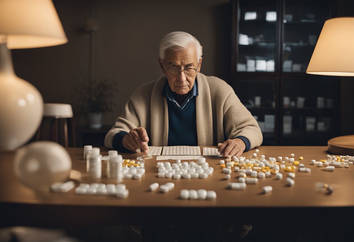 A serene elderly person sitting alone in a dimly lit room, surrounded by scattered pills and a calendar marked with missed appointments