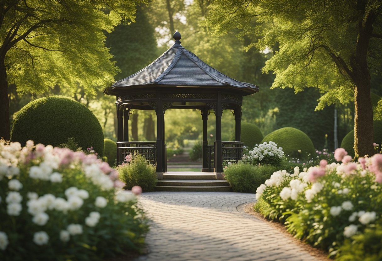 A serene garden with a winding path leading to a peaceful gazebo. Surrounding the area are blooming flowers and tall trees, creating a calming and tranquil atmosphere for reflection and relaxation