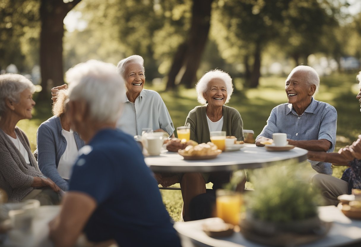 An elderly person engaging in outdoor activities, surrounded by supportive friends and family, while participating in mental health promotion and prevention programs