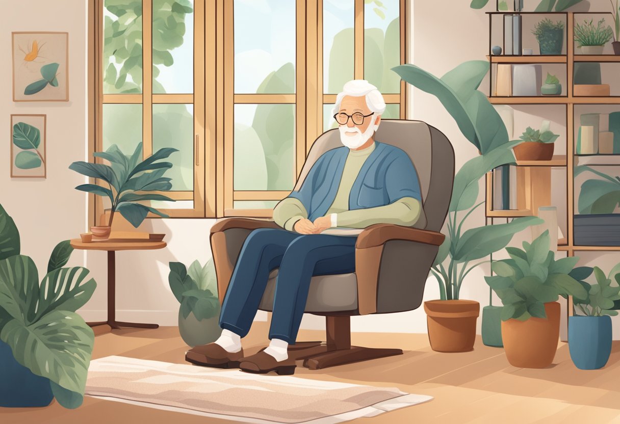 A serene elderly person seated in a comfortable chair, surrounded by calming elements such as nature, soft lighting, and supportive tools like cushions or a heating pad