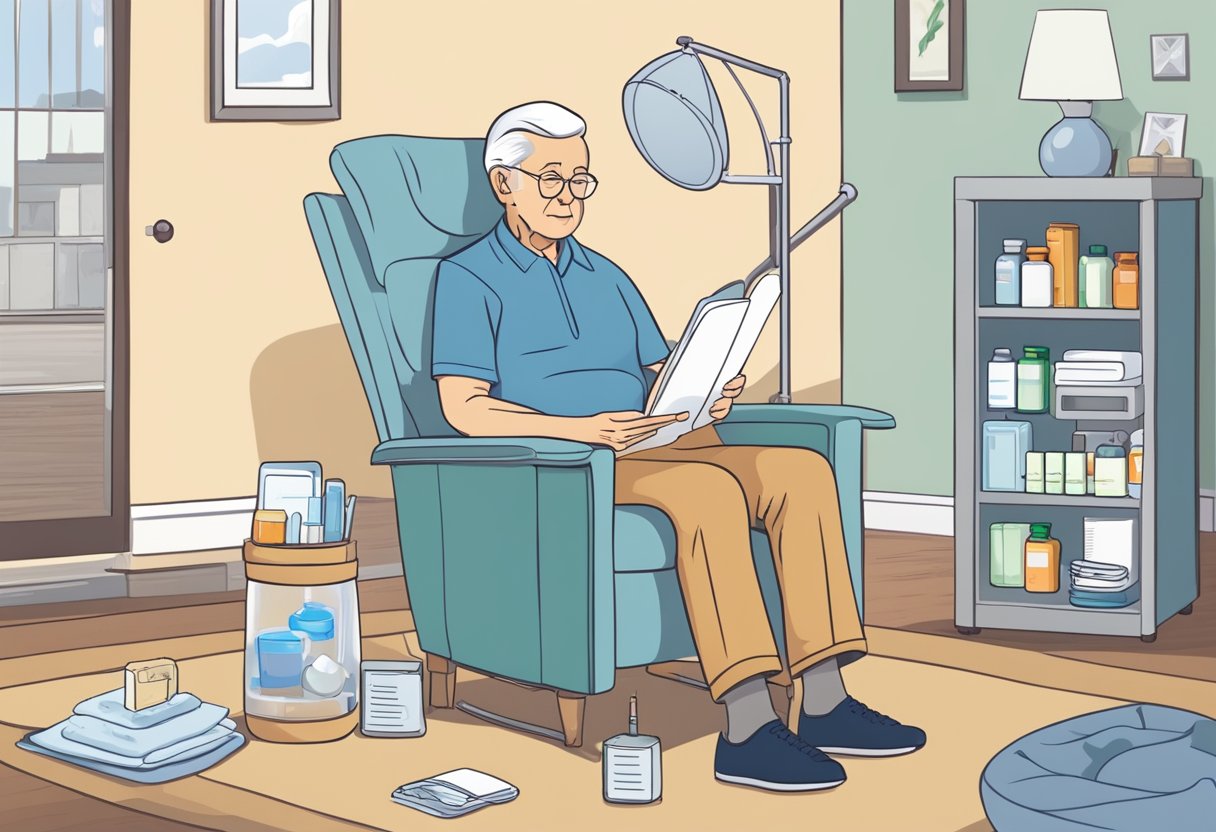 A serene elderly person sitting in a comfortable chair, surrounded by various pain management tools such as heating pads, ice packs, medications, and a journal for tracking symptoms