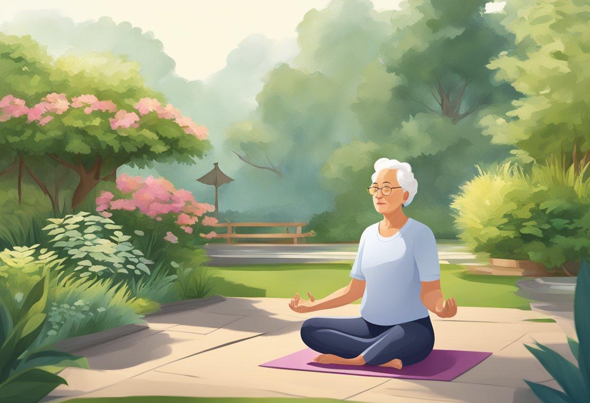 A serene elderly person practicing yoga in a peaceful garden setting, surrounded by greenery and natural elements, with a sense of calm and relaxation