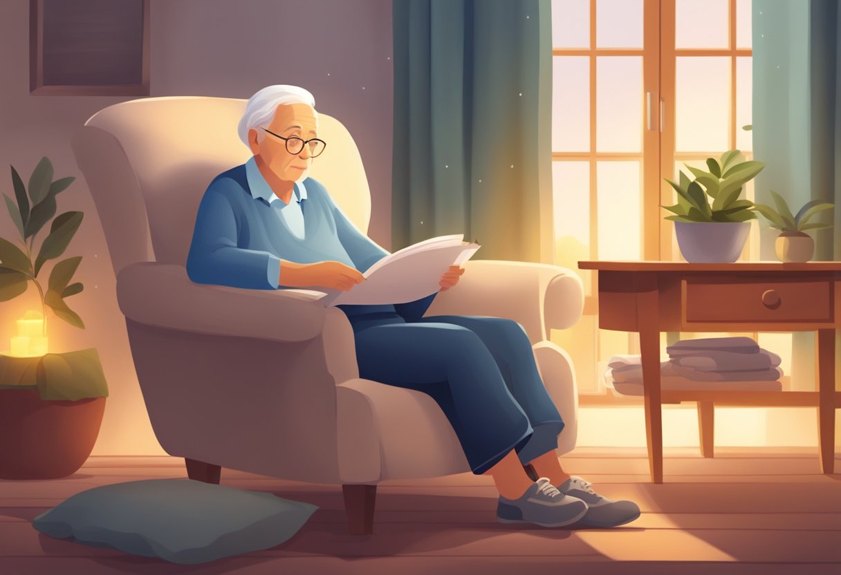 A serene elderly person sitting in a comfortable chair surrounded by soothing elements such as warm lighting, soft blankets, and a supportive cushion