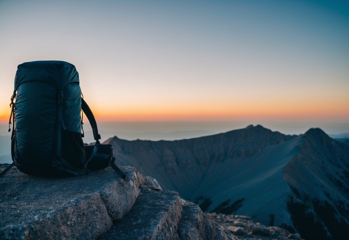 Ein einsamer Rucksack steht auf einem schroffen Berggipfel mit Blick auf eine weite, unberührte Landschaft. Die Sonne geht in der Ferne unter und wirft einen warmen Schein über die minimalistische Szene