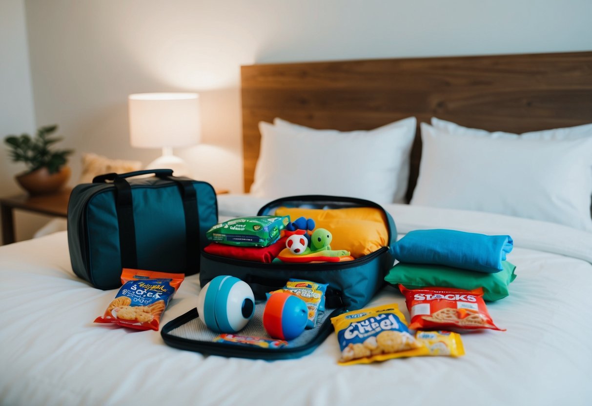 Eine minimalistische Packszene mit wichtigen Gegenständen für Kinder, darunter Spielzeug, Kleidung und Snacks, ordentlich organisiert in einer kompakten Tasche