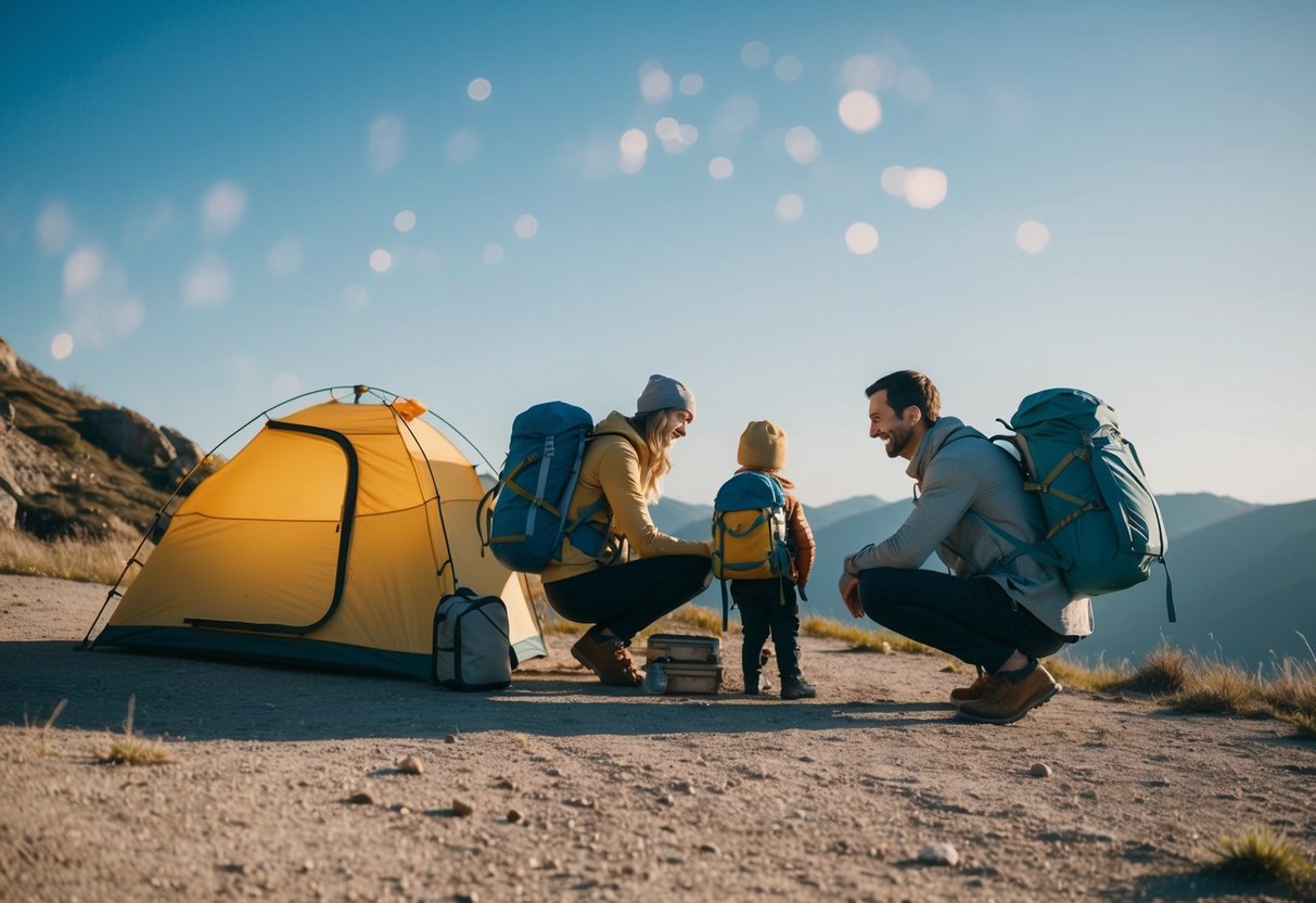 Eine dreiköpfige Familie packt leicht für ein minimalistisches Abenteuer und hat ein kleines Zelt und Rucksäcke für die Reise bereit