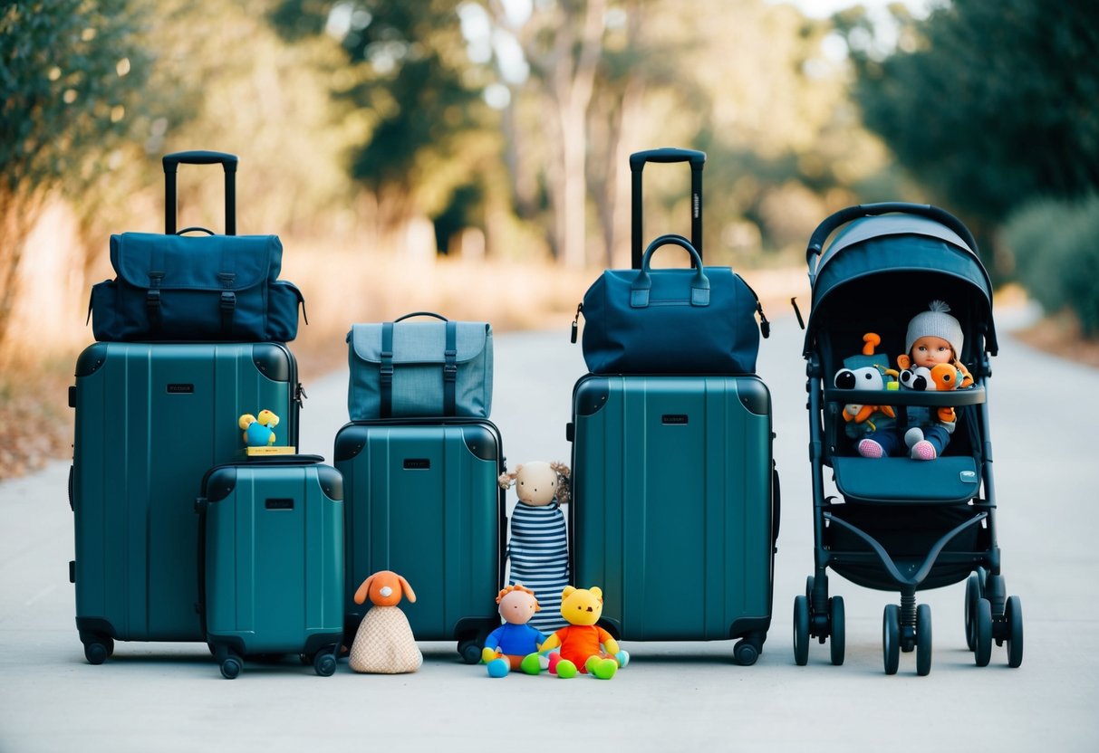 Das minimalistische Reisegepäck einer Familie, bestehend aus Koffern, Rucksäcken und einem Kinderwagen, ordentlich angeordnet mit Kinderspielzeug und dem Nötigsten