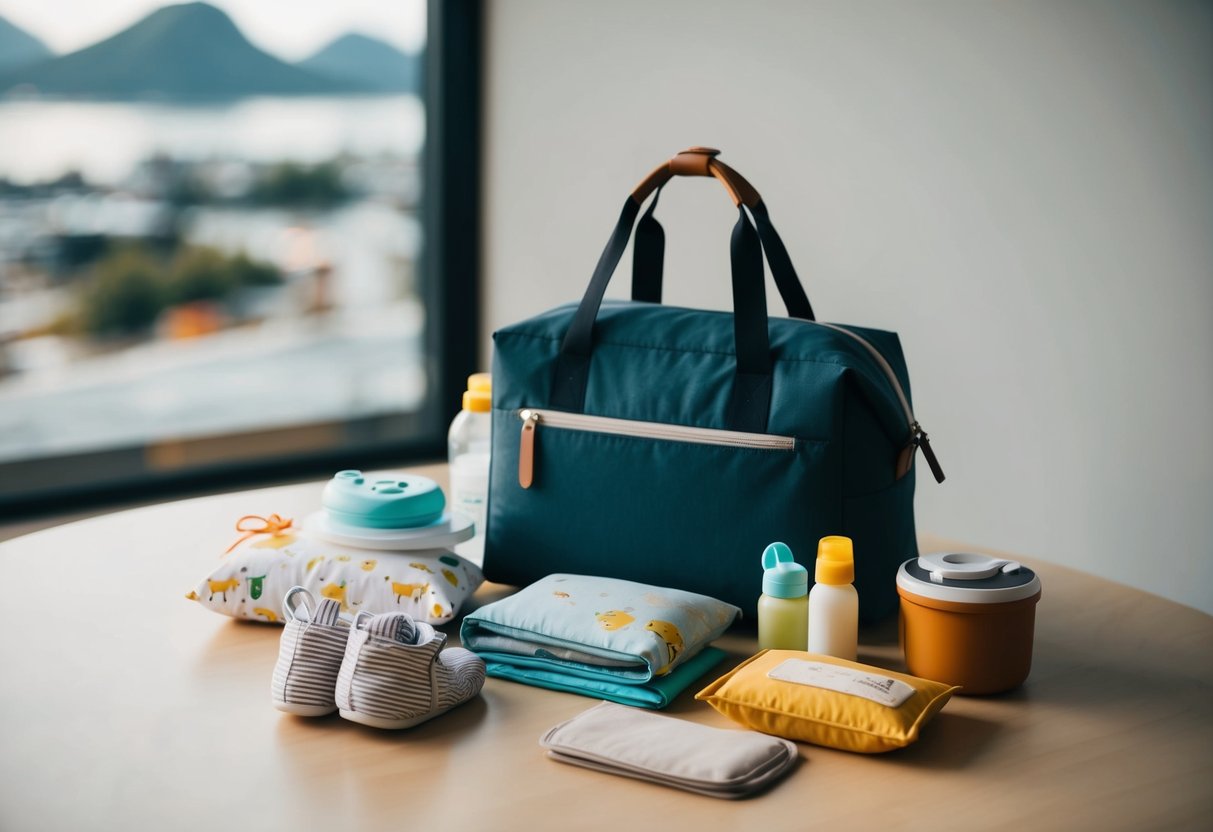 Eine minimalistische Reiseszene mit wichtigen Gegenständen für Kinder und Babys, ordentlich verpackt in einer kompakten Tasche