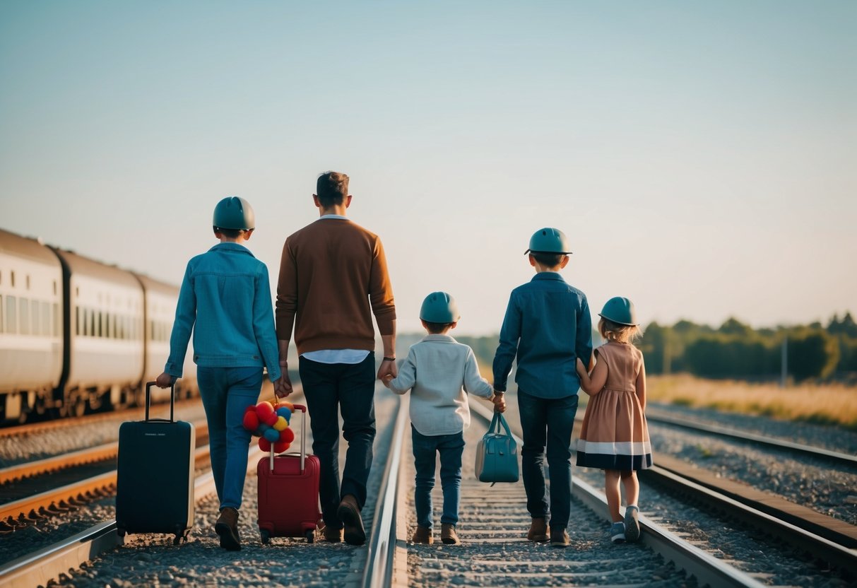 Eine minimalistische Familie reist mit Kindern per Bahn oder Flugzeug