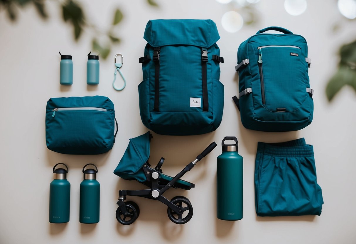 Die minimalistischen Reiseutensilien einer Familie übersichtlich angeordnet: Rucksack, wiederverwendbare Wasserflaschen, kompakter Kinderwagen und vielseitige Kleidung