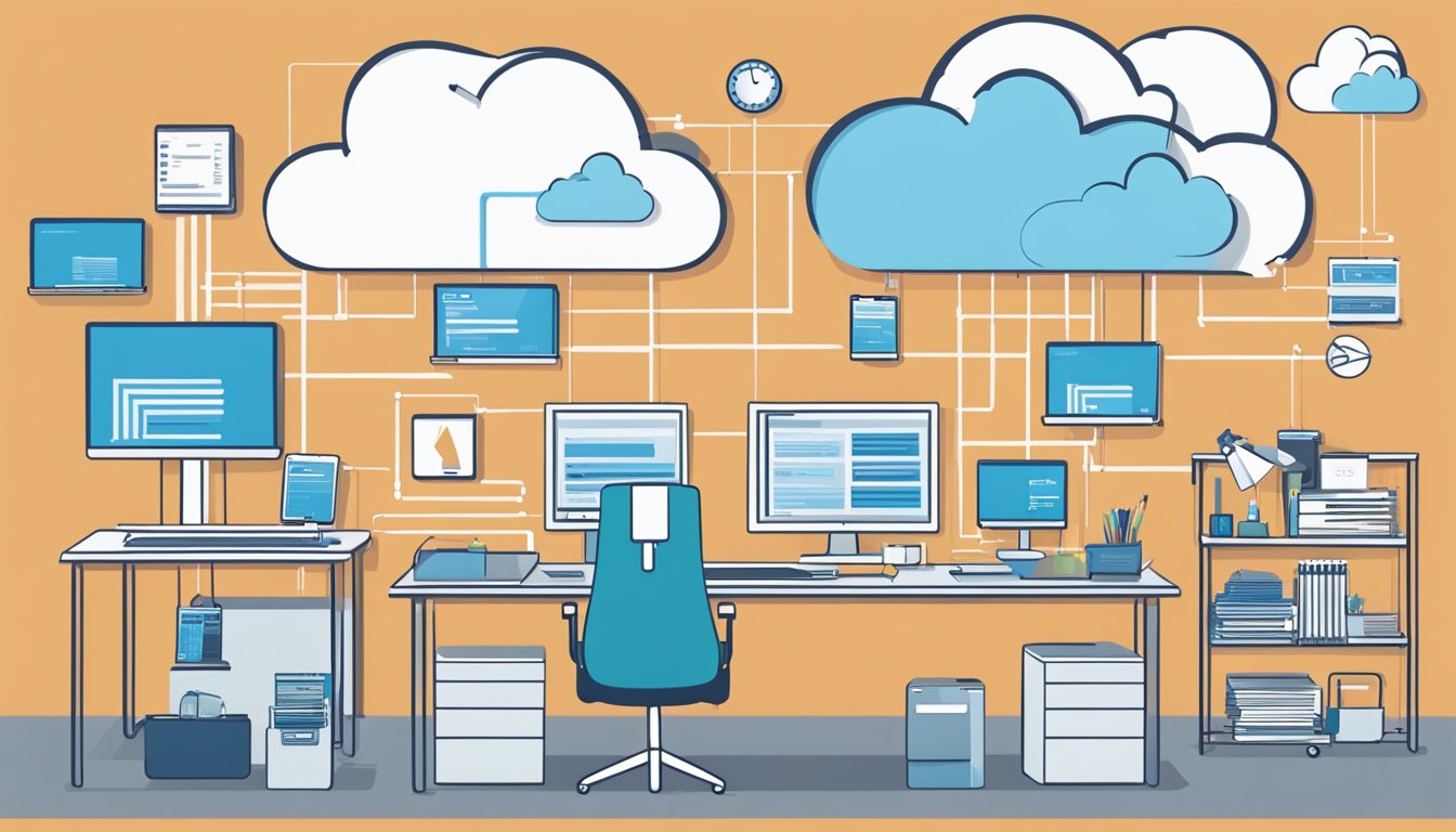 An office setting with computers and mobile devices connected to a cloud-based HR system, showing streamlined employee management and communication