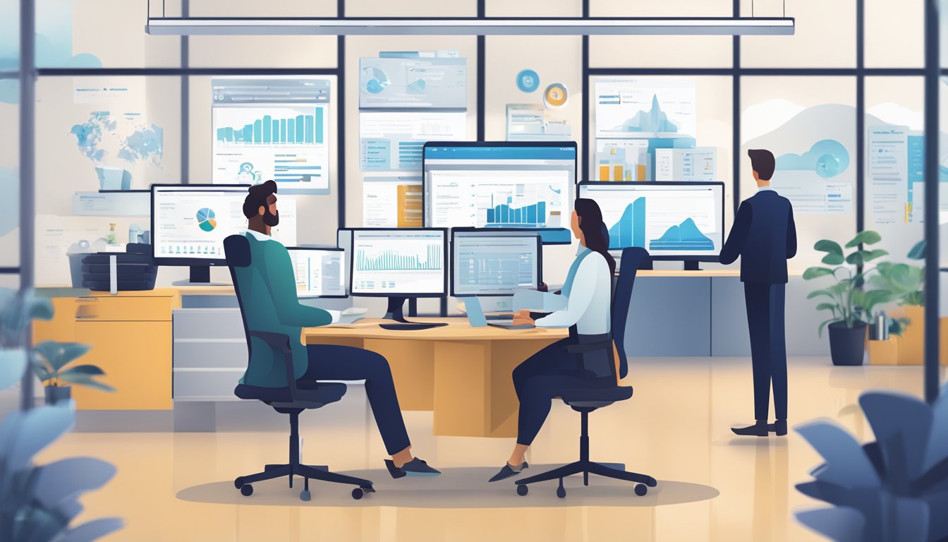 An office environment with a computer screen displaying a cloud-based HR management system. A digital dashboard shows employee profiles and data