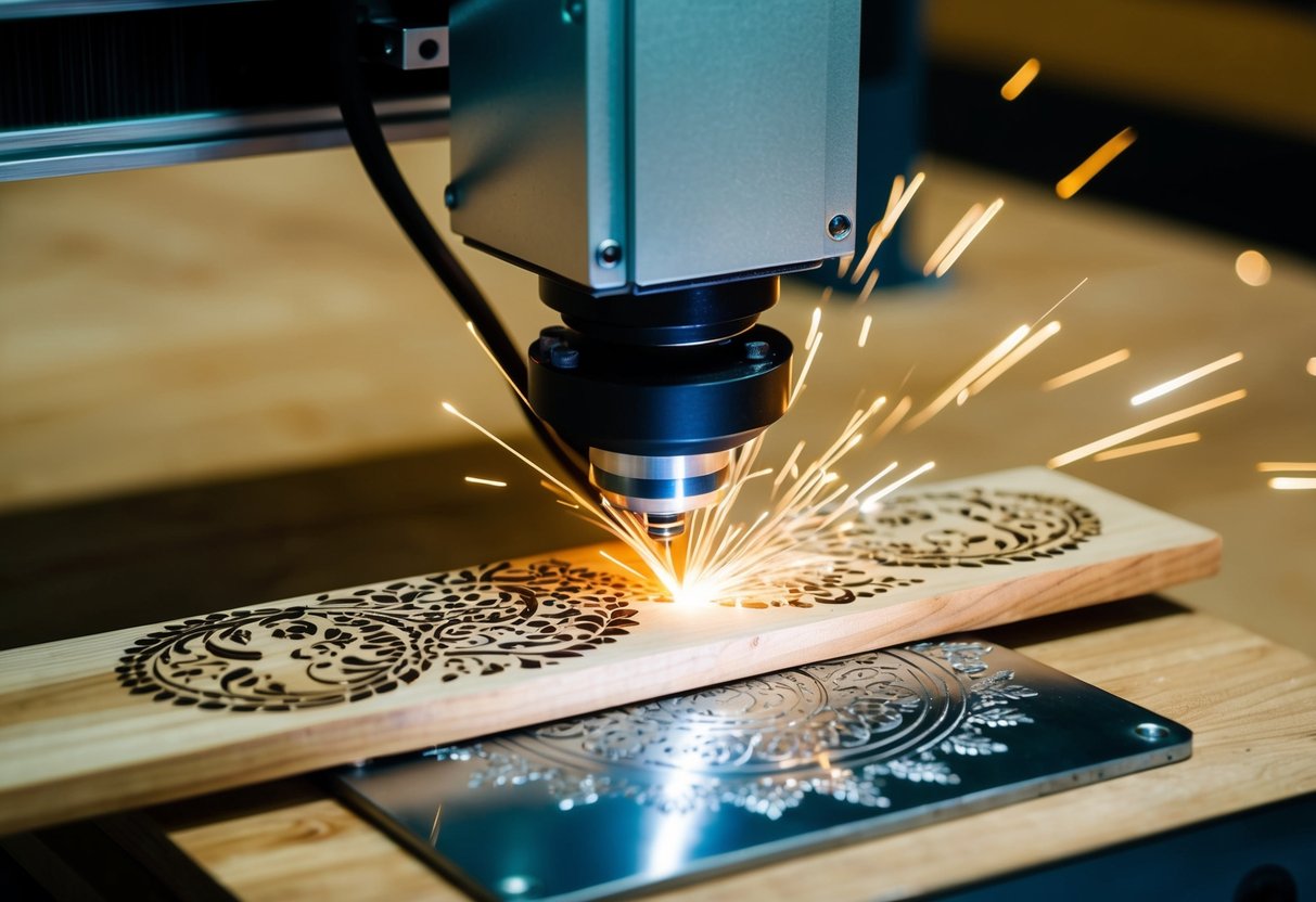 A laser engraver etches intricate designs onto a wooden plank, while sparks fly as it engraves a metal plate with precision