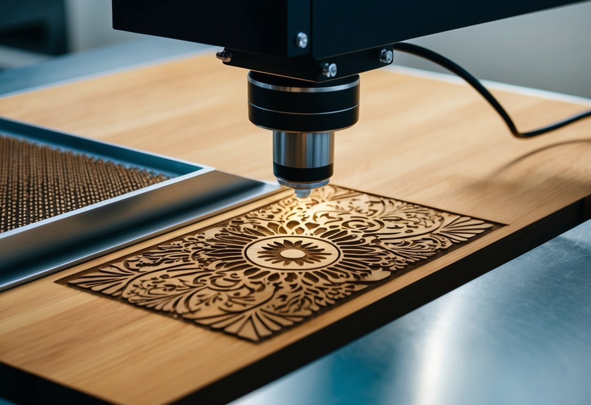 A laser engraver precisely etches intricate designs onto a wooden surface, while a metal cutter slices through sheets with pinpoint accuracy