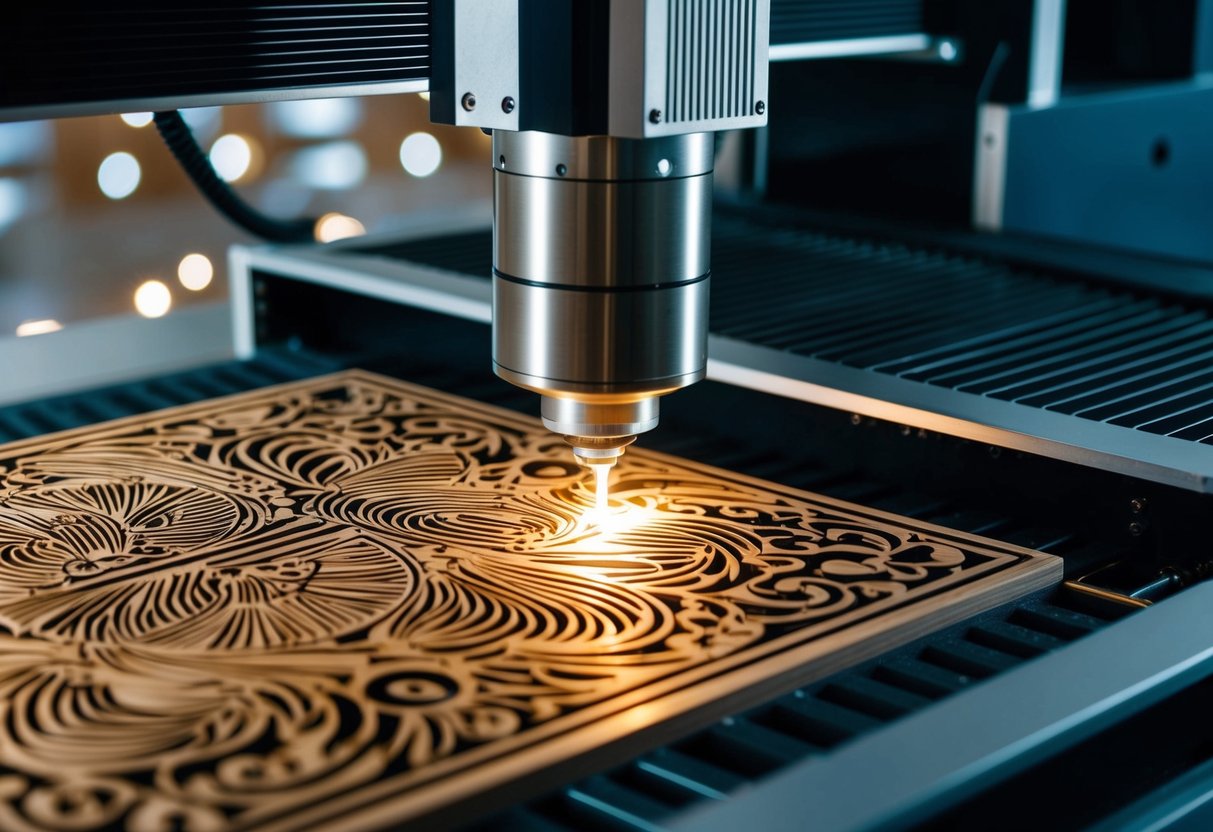 A high-quality laser engraver etches intricate designs onto wood and metal with precision and speed. The machine emits a bright laser beam, creating detailed patterns and textures