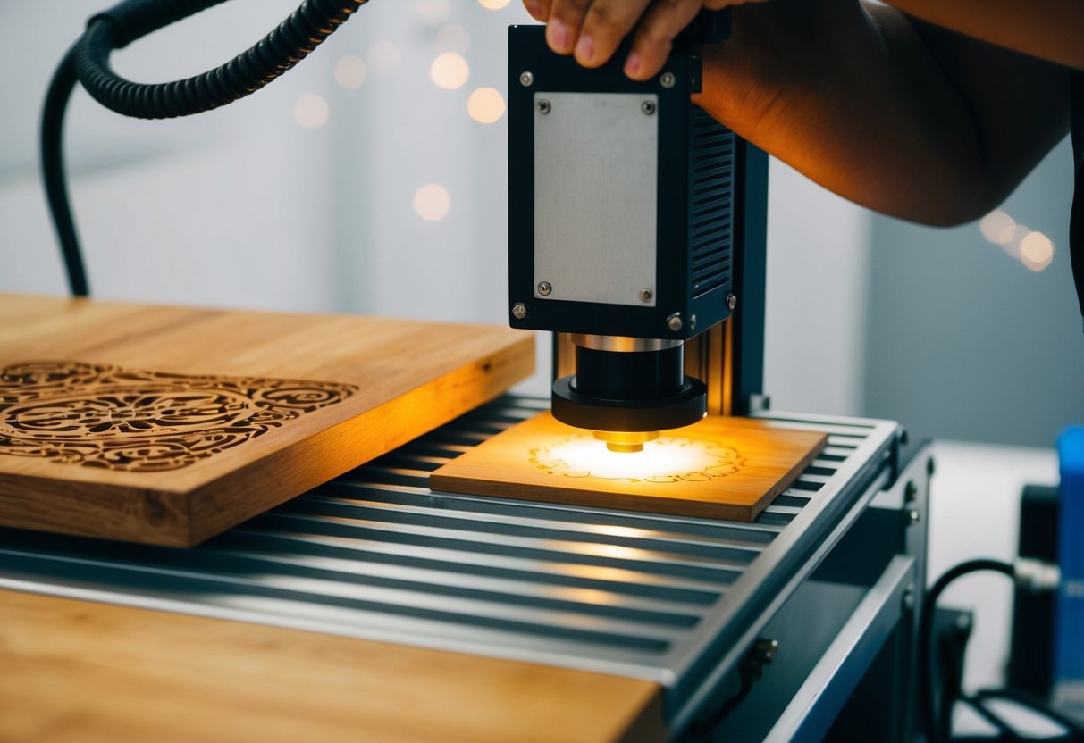 A person using a laser engraver on a wooden and metal surface. The machine emits a focused beam to etch precise designs onto the materials