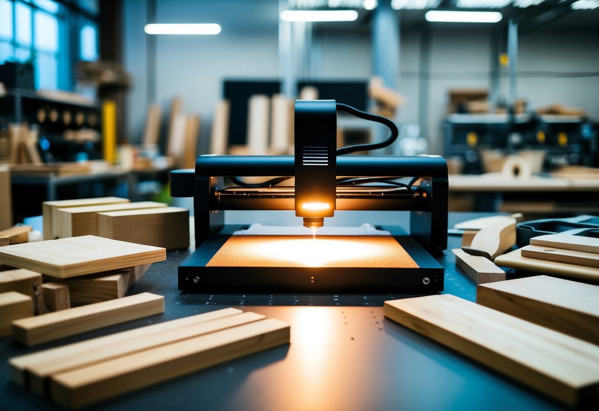 A modern workshop with a sleek, high-tech laser engraver at the center, surrounded by various wood and metal pieces ready for customization