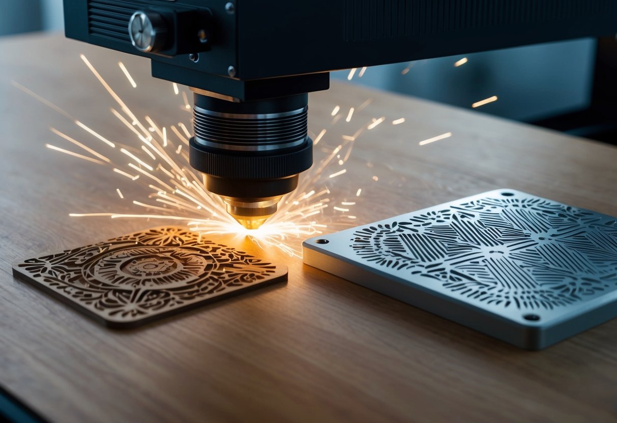 A laser engraver precisely etches intricate designs onto a smooth wooden surface, while sparks fly as it carves intricate patterns into a sleek metal plate