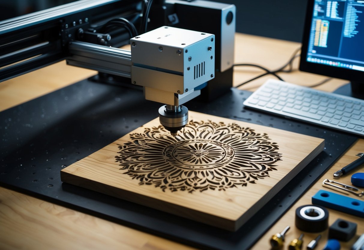 A laser engraver in operation, etching intricate designs onto a piece of wood and metal, with a computer and various tools nearby for investment and cost analysis