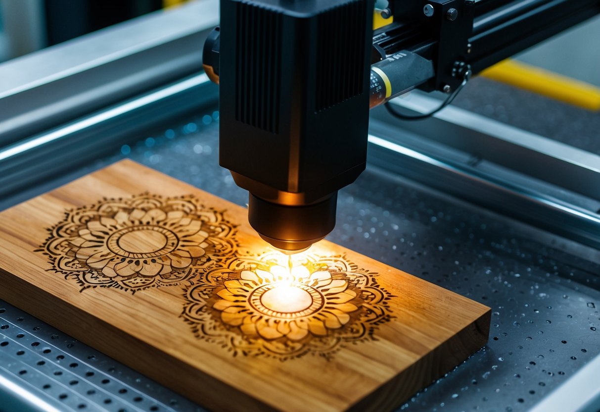 A laser engraver precisely etches intricate designs onto a wooden and metal surface, emitting a bright beam of light in a controlled workshop setting