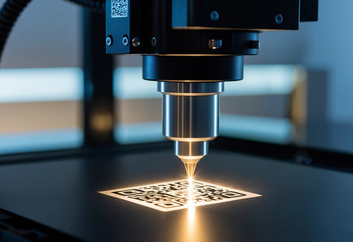 A laser engraver etches precise QR codes onto metal and plastic surfaces, emitting a focused beam of light. The machine's sleek design and precise movements make it ideal for detailed engraving tasks