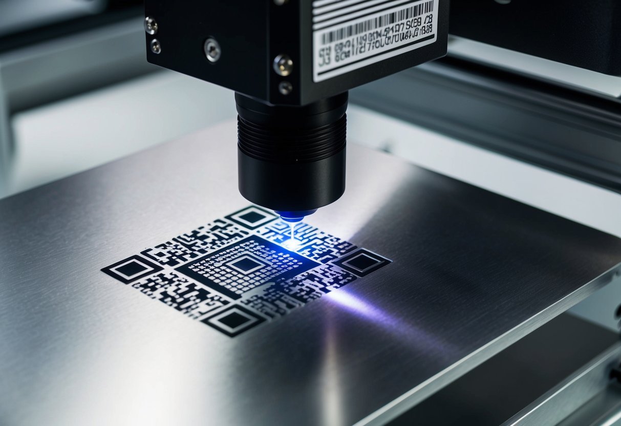 A laser engraver etches QR codes onto metal plates with precision and clarity, emitting a focused beam of light onto the surface