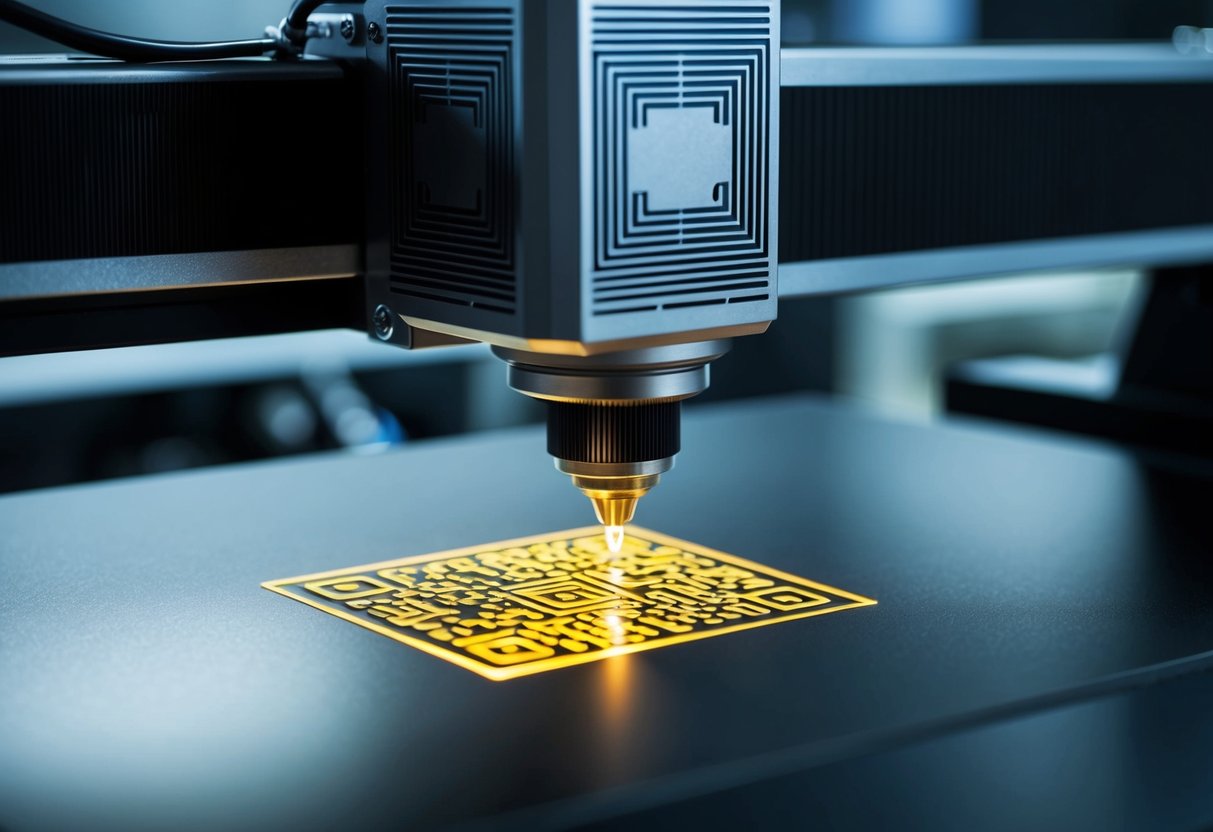 A laser engraving machine in operation, creating a precise QR code design on a metal or plastic surface. The machine emits a focused beam of light, producing a detailed and permanent engraving