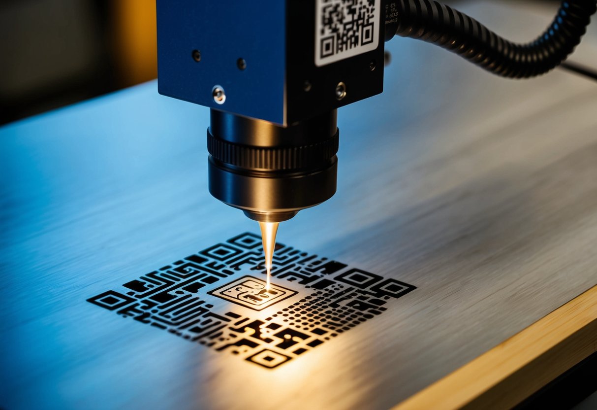 A laser engraver precisely etches QR codes onto metal, wood, and plastic surfaces, creating a professional and durable business branding solution