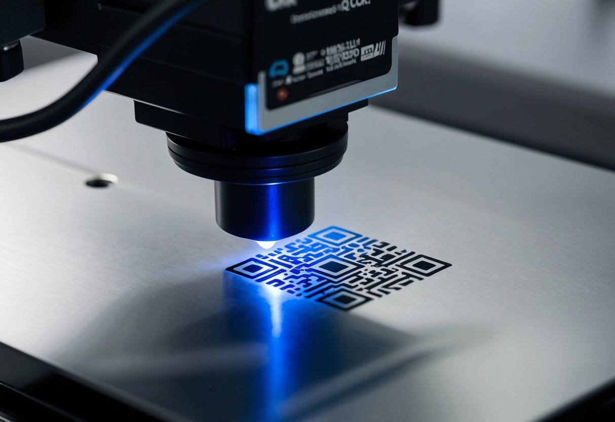 A laser engraver in operation, etching a precise QR code onto a metal surface. The machine emits a thin beam of light, creating the pattern with precision