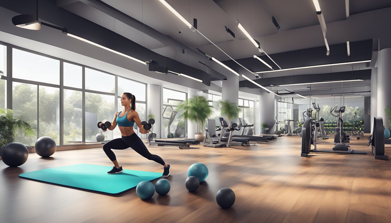 A personal trainer leads a high-intensity workout in a modern gym in Düsseldorf, with equipment such as dumbbells, resistance bands, and exercise balls scattered around the bright, spacious room