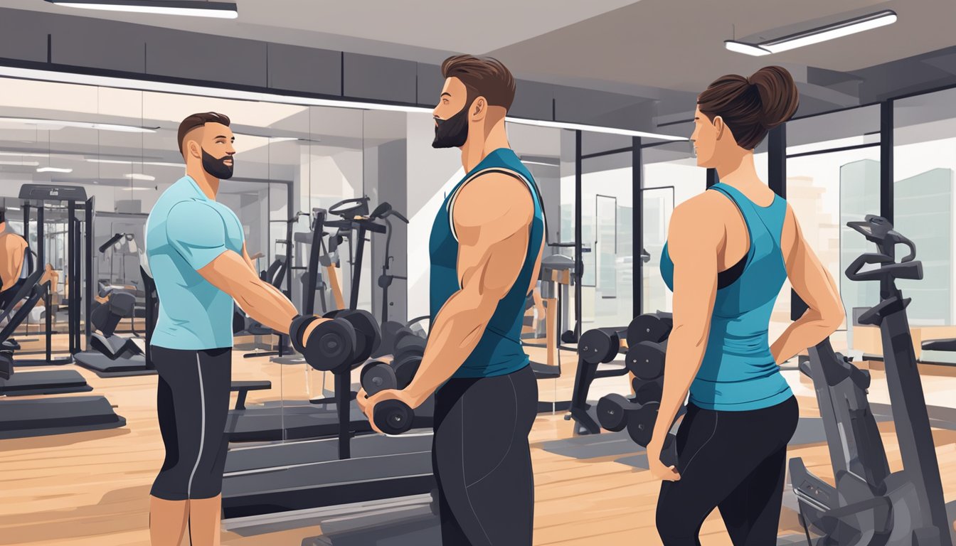 A personal trainer in Düsseldorf guiding a client through a workout session in a modern gym setting, with various exercise equipment and motivational posters on the walls