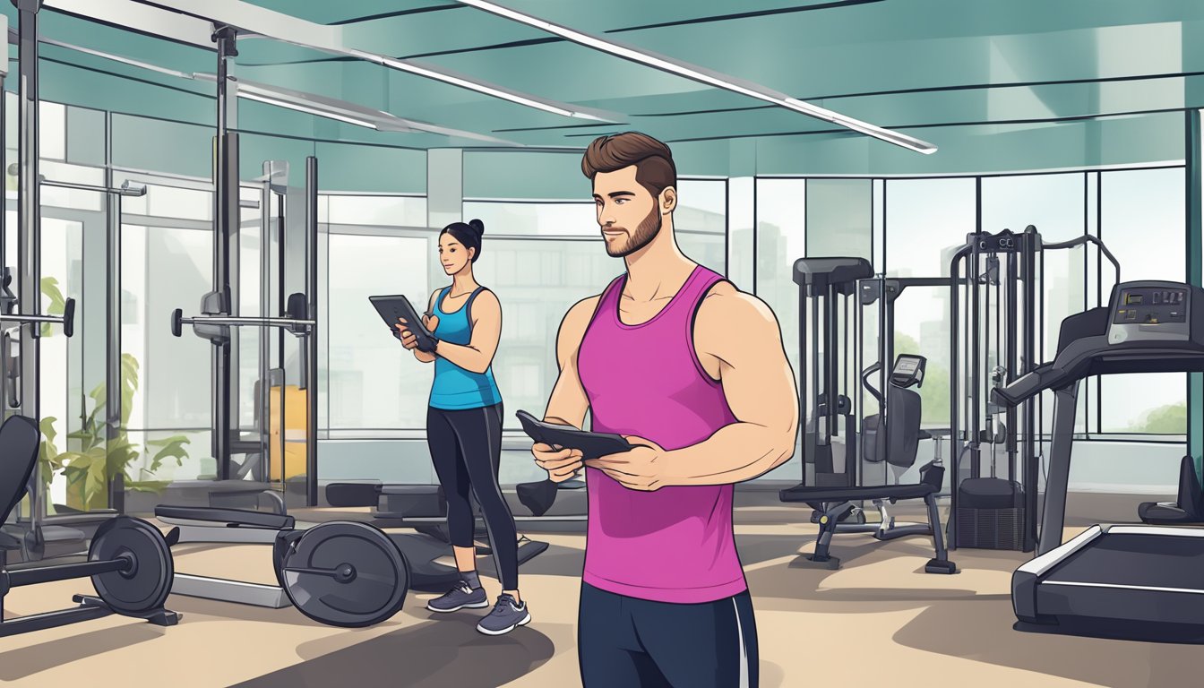 A personal trainer in Düsseldorf conducts a fitness assessment, demonstrates exercises, and provides nutrition advice to a client in a modern gym setting