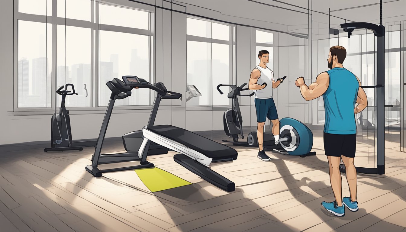 A personal trainer in Düsseldorf conducts a health and fitness assessment. The trainer uses various equipment and tools to measure and evaluate the client's physical condition