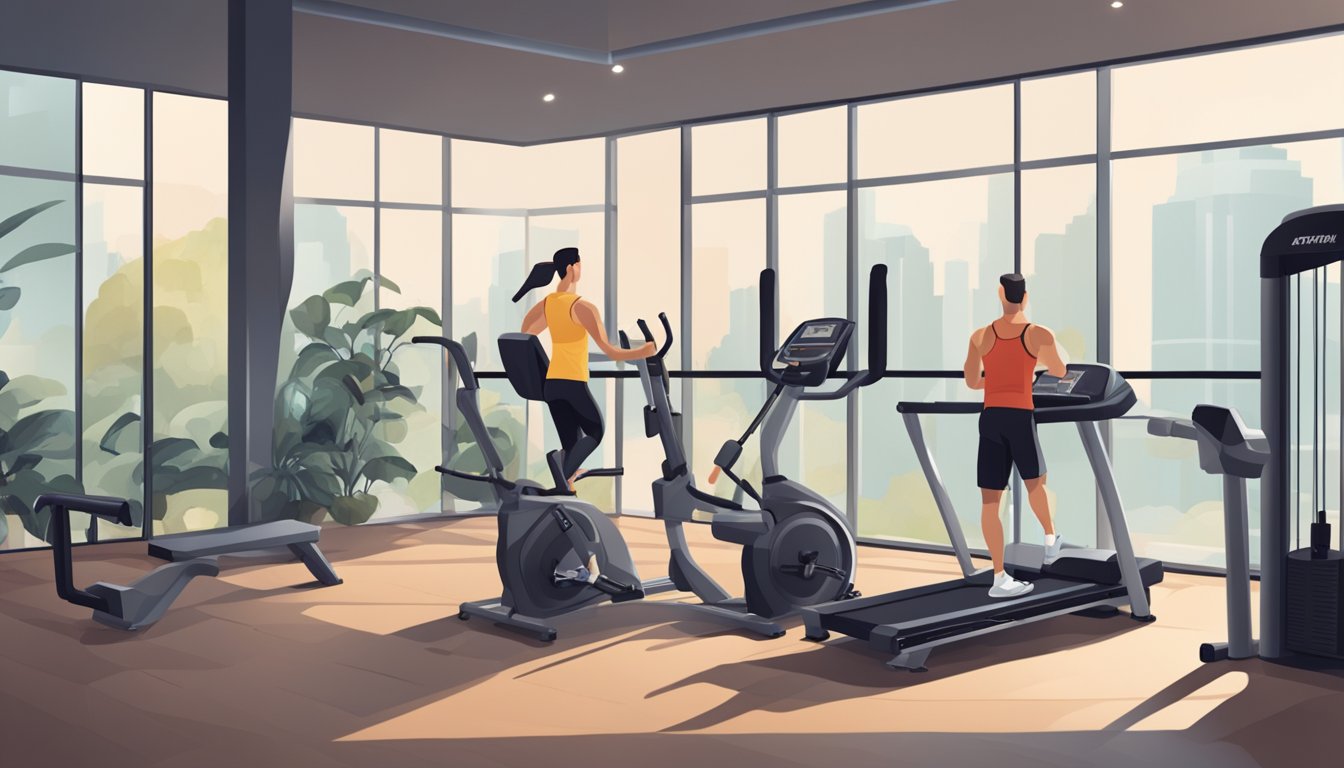 A modern gym with state-of-the-art equipment and a spacious workout area. A professional-looking personal trainer is guiding a client through a fitness routine