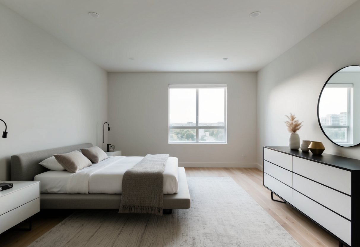 A simple bedroom with clean lines, neutral colors, and minimal furniture. A platform bed, a sleek dresser, and a few decorative accents