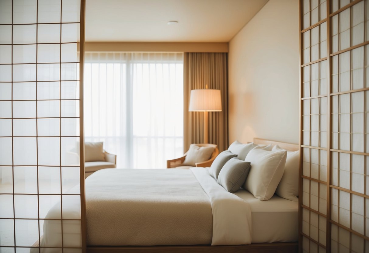 A serene bedroom with a rice paper room divider, simple furnishings, and soft lighting