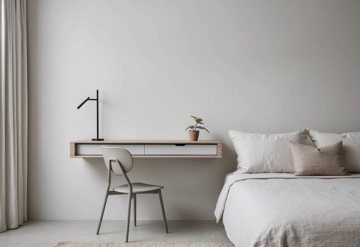 A wall-mounted desk in a minimalist bedroom with clean lines and neutral colors. A simple chair and a small potted plant add to the serene atmosphere